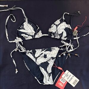 Stylish Navy Blue  and White Leaf Bikini